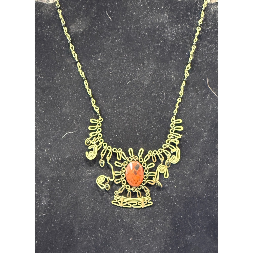 Vintage Style Brass Wirework Necklace Red Jasper Look Stone Tribal Boho 16"